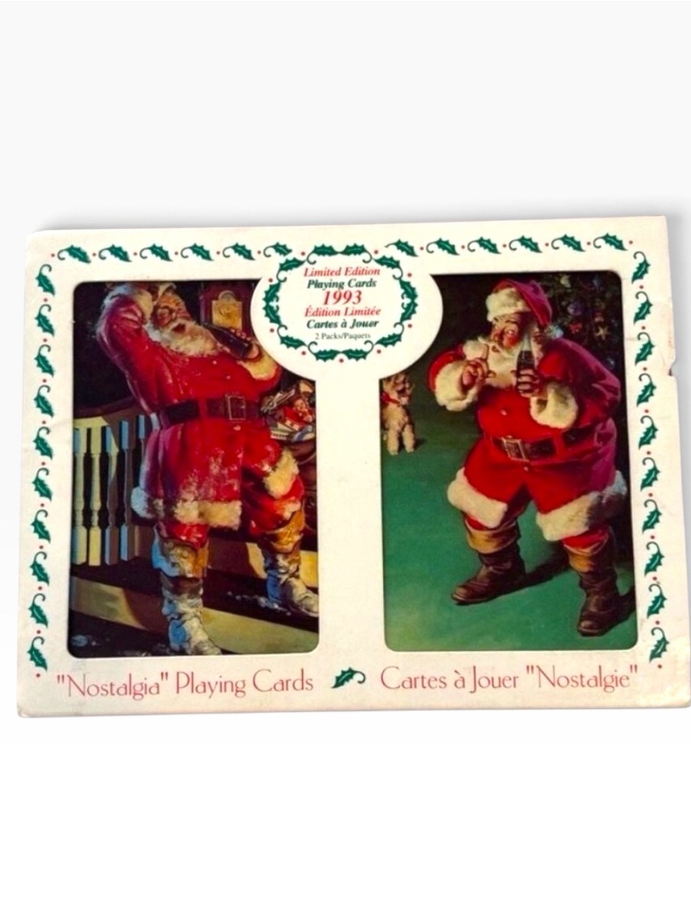 New Vintage 1993 Coca-Cola Santa Nostalgia playing cards in original metal box